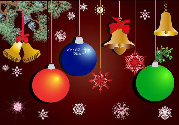 Flocons de neige et décorations d'arbres de Noël sur sombre — Image vectorielle