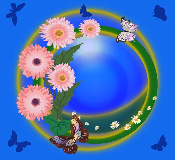 Mavi butteflies ve pembe çiçekler — Stok Vektör