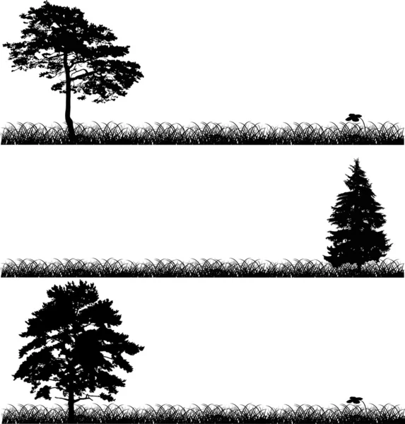 Tre svarta träd i gräs — Stock vektor