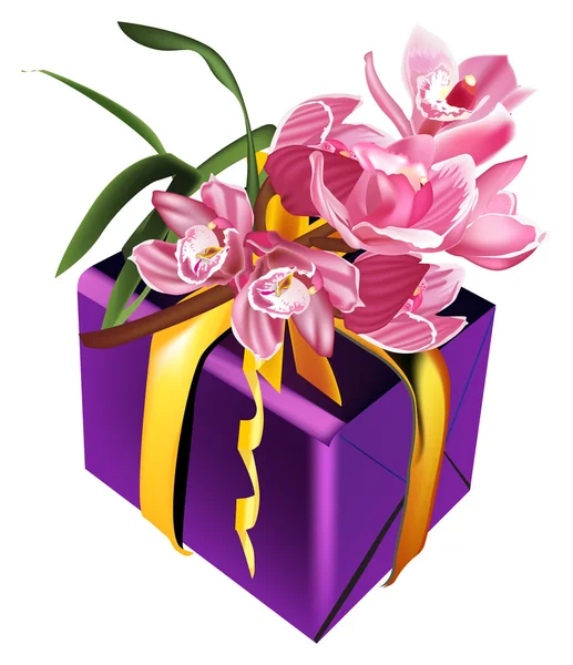 Geschenk und rosa Orchideen — Stockvektor