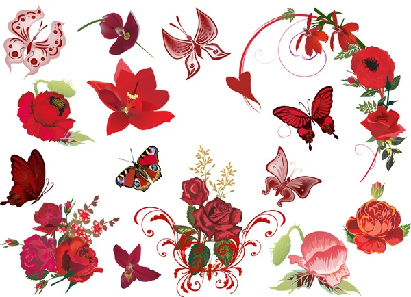Σύνολο κόκκινα λουλούδια και πεταλούδες που απομονώνονται σε λευκό — Διανυσματικό Αρχείο