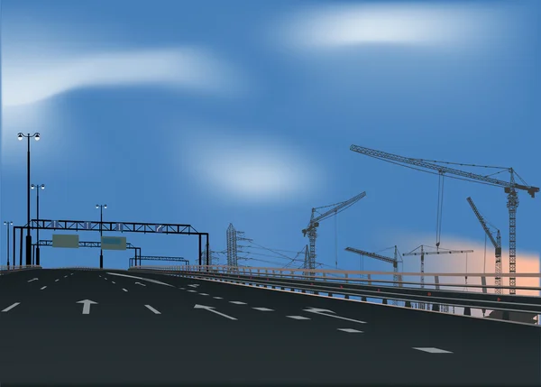 Street near building cranes — Stock Vector