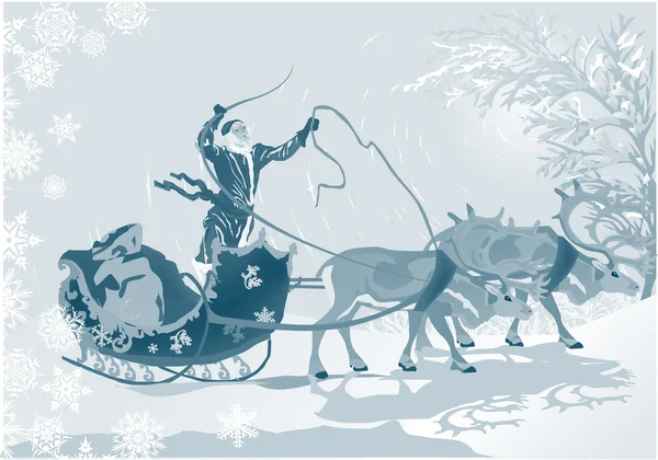 Ilustración azul con Santa y ciervos — Archivo Imágenes Vectoriales