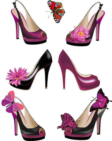 Ensemble de chaussures avec fleurs et papillons — Image vectorielle