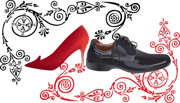 Červené a černé boty na decorared pozadí — Stockový vektor
