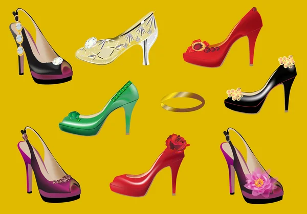 Set of woman shoes on yellow — Stok Vektör