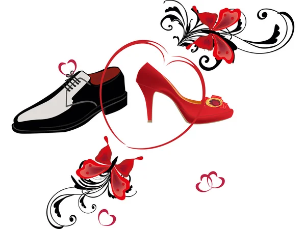 Пара чоловіків і жіночого взуття на чорному — стоковий вектор
