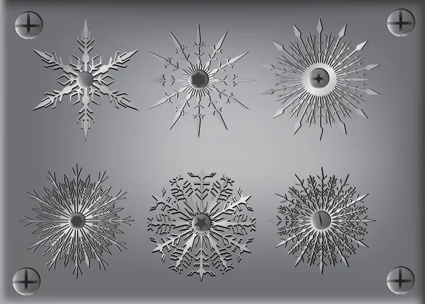 Six grey metal snowflakes — Stock Vector