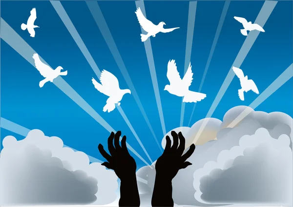 Mains humaines et pigeons blancs — Image vectorielle