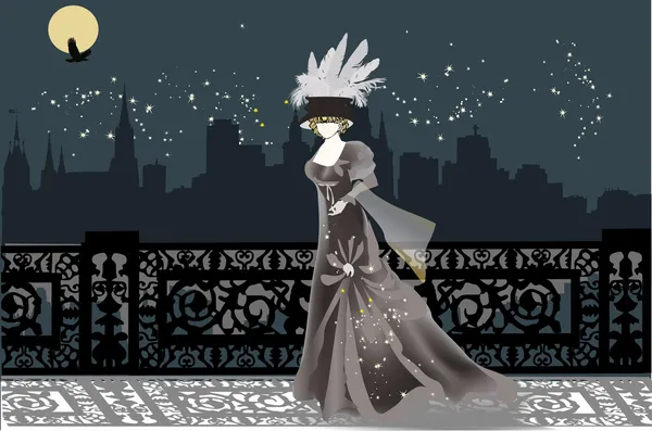 Één vrouw in nacht stad illustratie — Stockvector