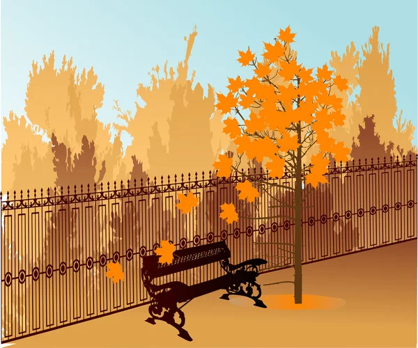 秋のメープル ツリーとフェンスの近くにベンチ — ストックベクタ