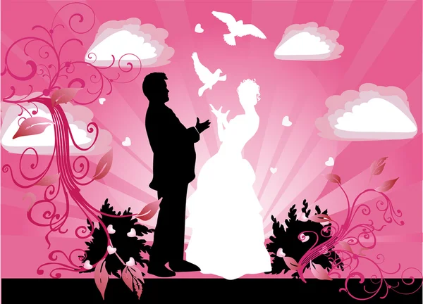 Hochzeitspaar Silhouette und Tauben auf rosa — Stockvektor
