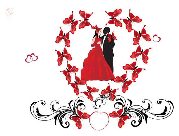 Wedding couple in red butterflies frame — Stock Vector