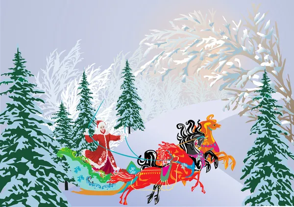 Sleigh with three horses in winter forest — Stock Vector