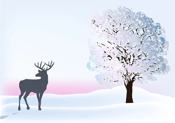 Jeleń w pobliżu drzewa zima — Wektor stockowy