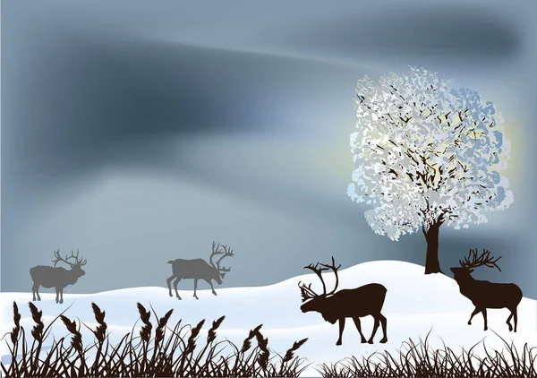 Paisaje invernal con ciervos cerca del árbol — Vector de stock