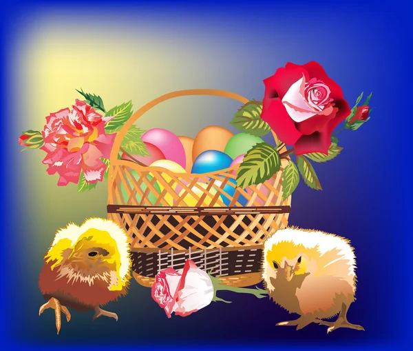 Hühner und Korb mit Eiern — Stockvektor