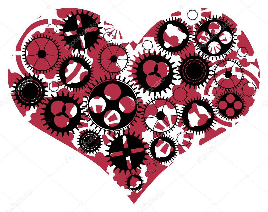 red heart and gears on white