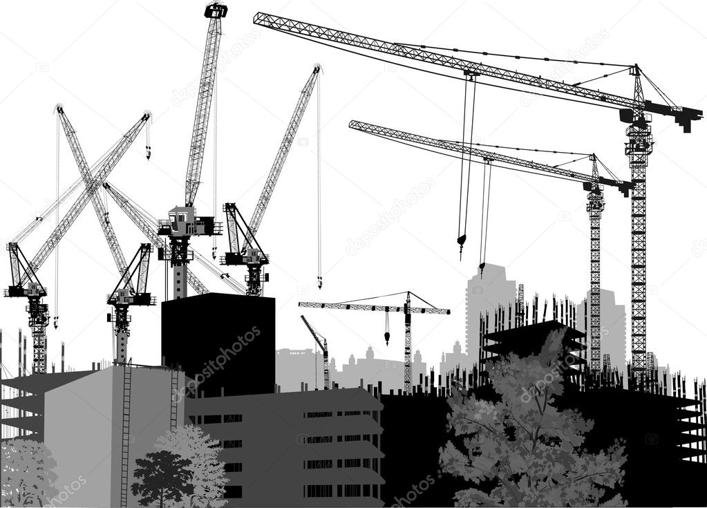 isolated house building with lot of cranes