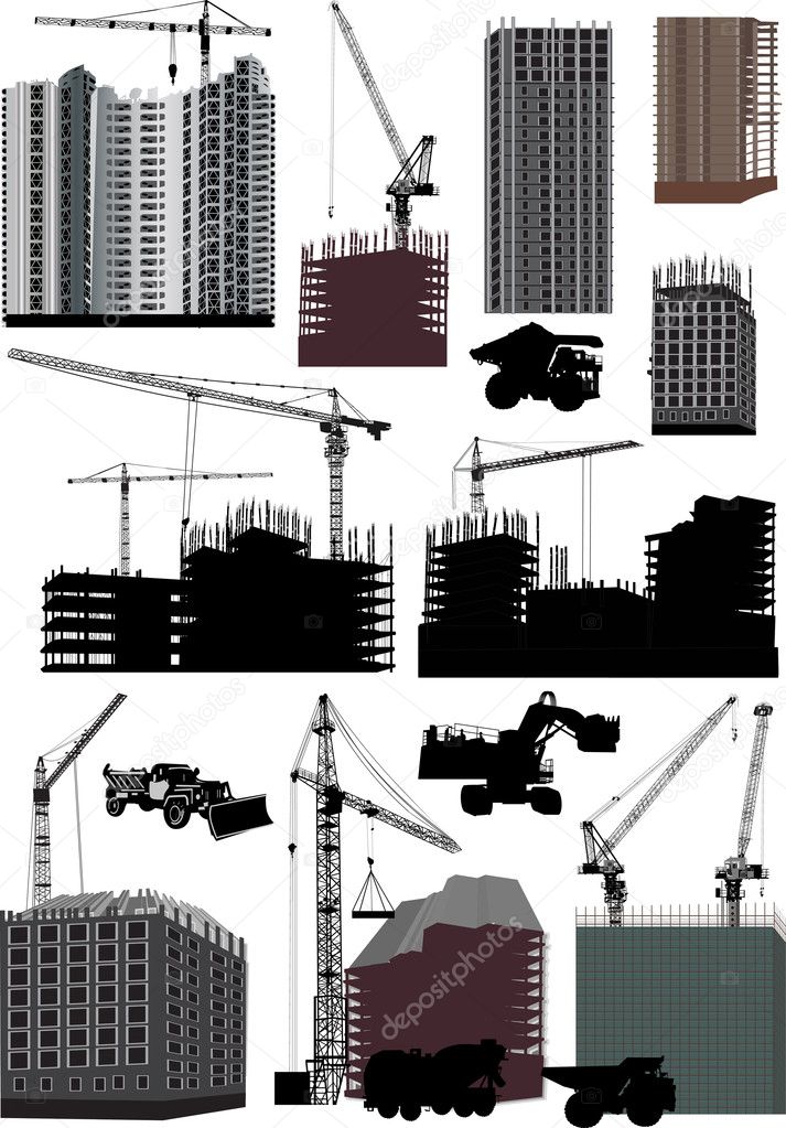 set of isolated buildings and cranes