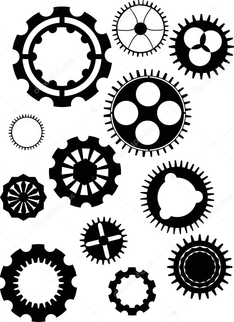 set of gear silhouettes isolated on white