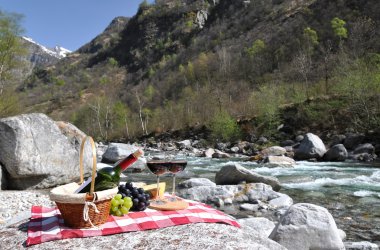 kırmızı şarap, peynir ve üzüm bir piknikte görev yaptı. Verzasca Vadisi,