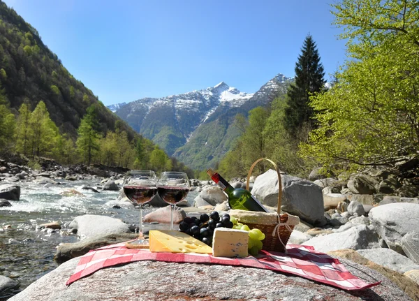 stock image Red wine, cheese and grapes served at a picnic. Verzasca valley,
