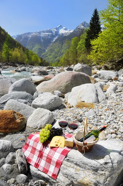 Red wine, cheese and grapes served at a picnic. Verzasca valley, — Stock Photo, Image