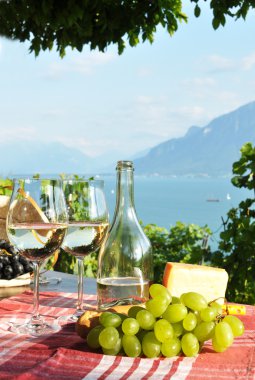 Wine and grapes against Geneva lake. Lavaux region, Switzerland clipart