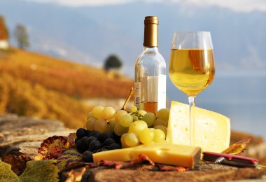 Wine, grapes and cheese against vineyards in Lavaux region, Swit clipart