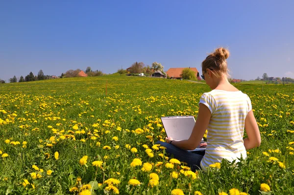 Bahar çayır üstünde a laptop ile kız — Stok fotoğraf