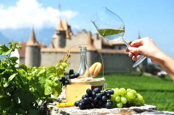 Wein, Trauben und Käse gegen alte Burg inmitten von Weinbergen — Stockfoto