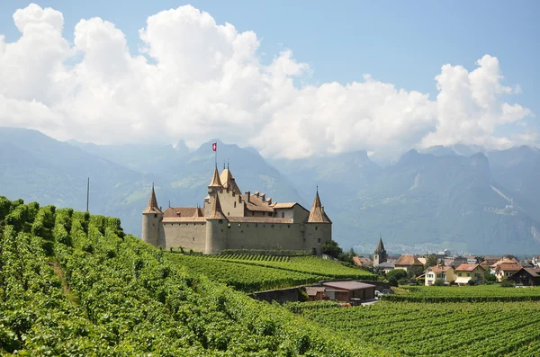 Chateau d'aigle onder wijngaarden. Zwitserland — Stockfoto