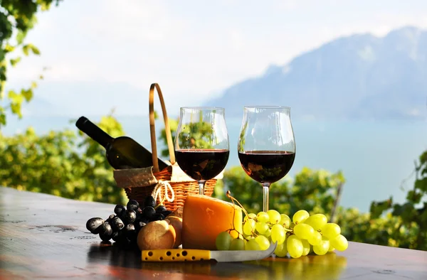 Vinho tinto, uvas e queijo. Região de Lavaux, Suíça — Fotografia de Stock