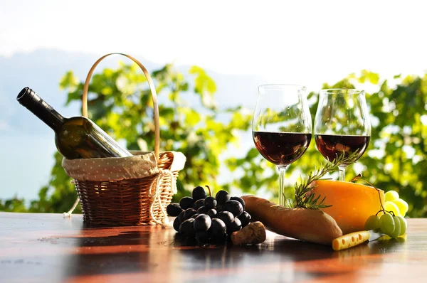 Vinho tinto, uvas e queijo. Região de Lavaux, Suíça — Fotografia de Stock