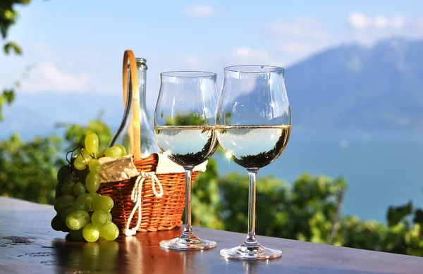 Wina i winogron przeciwko nad Jeziorem Genewskim. w regionie Lavaux, Szwajcaria — Zdjęcie stockowe