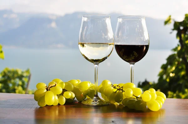 Twee wijnglazen en druiven tegen Genève lake. Lavaux-gebied, s — Stockfoto