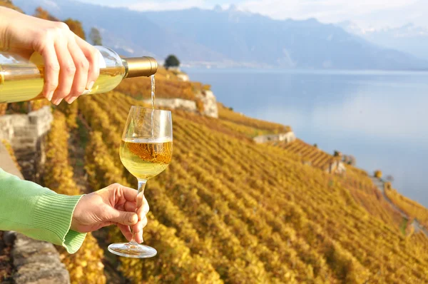 Auffüllen eines Weinglases gegen Weinberge in Lavaux, Schweiz — Stockfoto