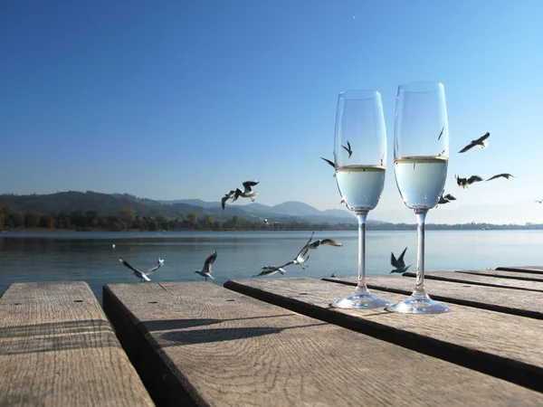 Two champaign glasses against a lake — Stock Photo, Image