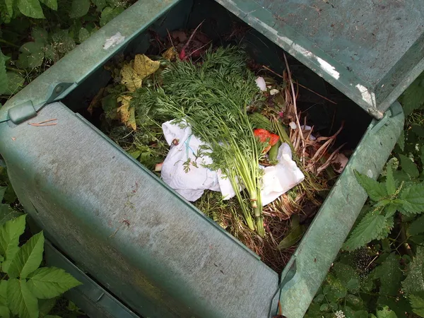 Fekete műanyag a komposzt bin allokációs kertben — Stock Fotó