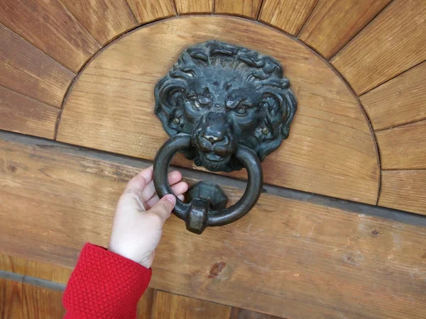 Porta de madeira velha e batedor de porta antiga — Fotografia de Stock