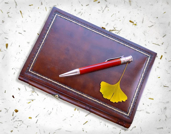 Notebook en ginkgo biloba — Stockfoto