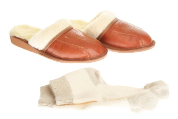 Brown slippers and sock isolated on a white background. — Stock Photo, Image