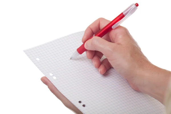 Caderno, caneta vermelha, mulheres, isoladas — Fotografia de Stock