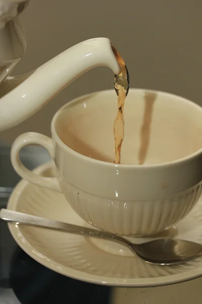 Налить чай в классическую белую чашку — стоковое фото