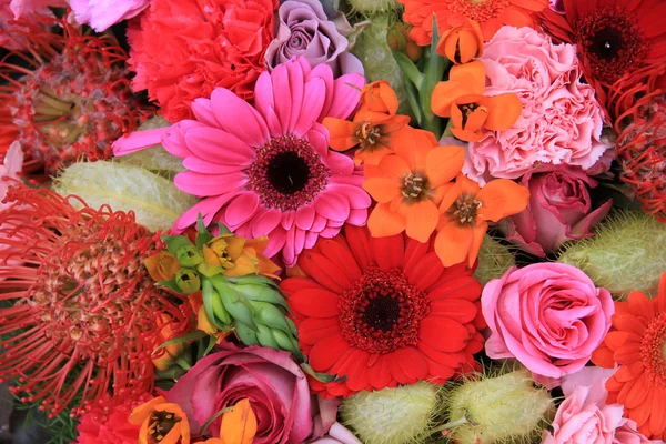 Arranjo de flores vermelho, rosa e laranja — Fotografia de Stock
