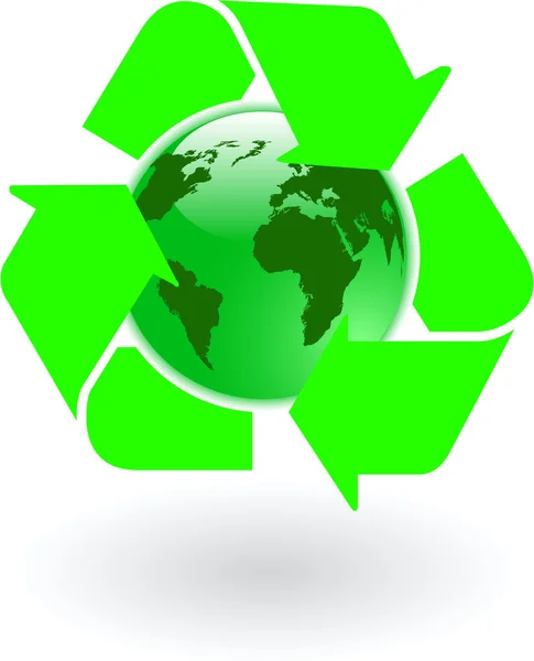 El mundo verde vector globo con símbolo de reciclaje — Vector de stock