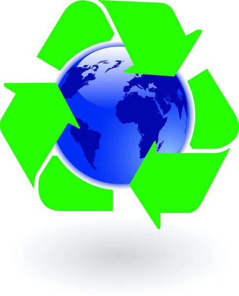 O globo mundial vetor azul com símbolo de reciclagem —  Vetores de Stock