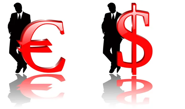 Le signe vectoriel dollar et euro avec l'homme d'affaires — Image vectorielle