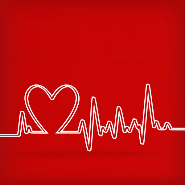 White Heart Beats Cardiogram on Red background — Stock Vector